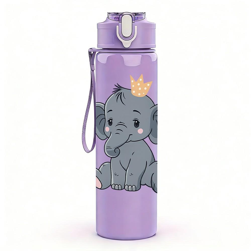 1PC Cute Baby Elephant Cartoon Print 750ml Color Plastic Sports Water Bottle Leakproof Flip Straw Lid Suitable for Sports Office Home Use