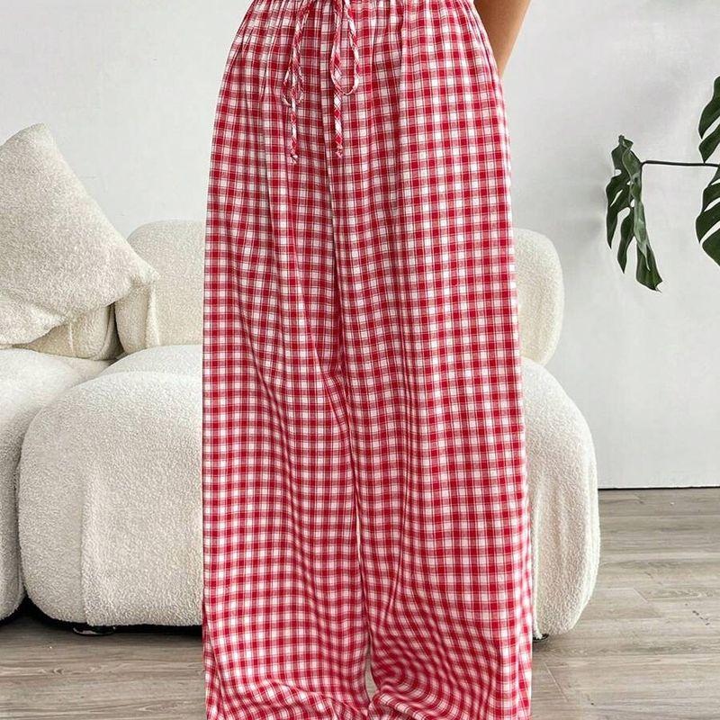 Summer Women Retro Plaid Pants Women clothes Pants Thin High Waist Drape Walking Pants Casual Straight Wide Leg Pants