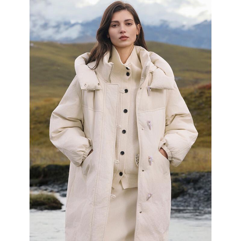 ELLE Women's Hooded Textured White Duck Down Long Jacket
