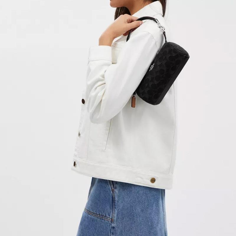 Coach Nolita 20 Mode Vintage Monogramm Print Signatur Denim Und Glattes Leder Schultertasche Klein Damenhandtaschen Schwarz CP258-SVBK