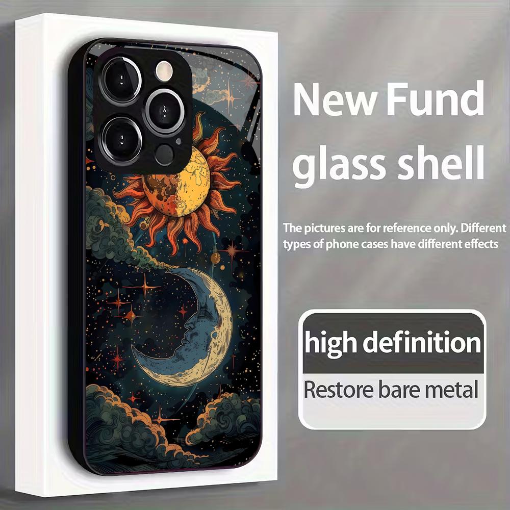 Sun, moon and stars pattern glass mobile phone case suitable for iPhone 17/16/15/14/13/12/11Pro Max all-inclusive anti-fall