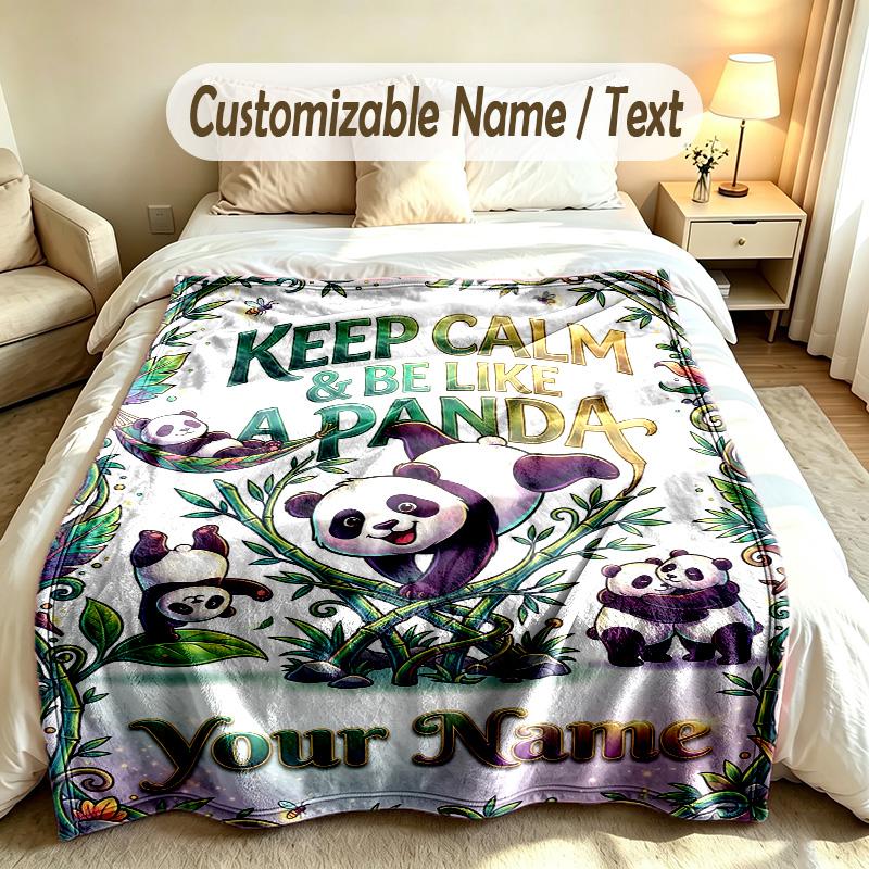 Bear Panda Theme Soft Blanket Personalized Custom Name Text Print Warm Blanket Home Sofa Bedroom Decor