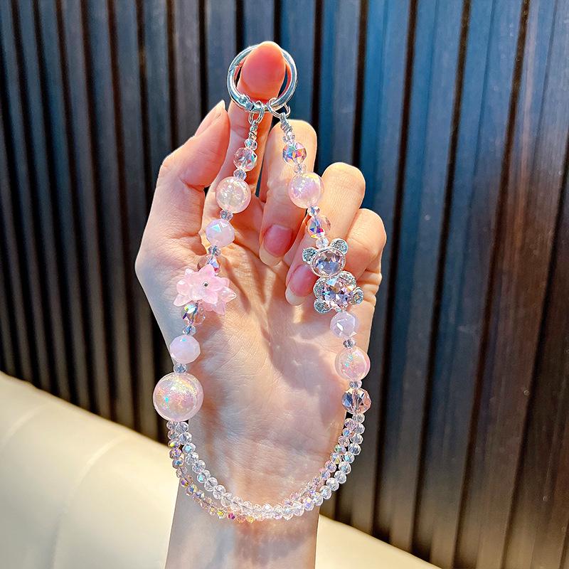 Beaded Flower Bear Keychain & Phone Lanyard Gift розовый