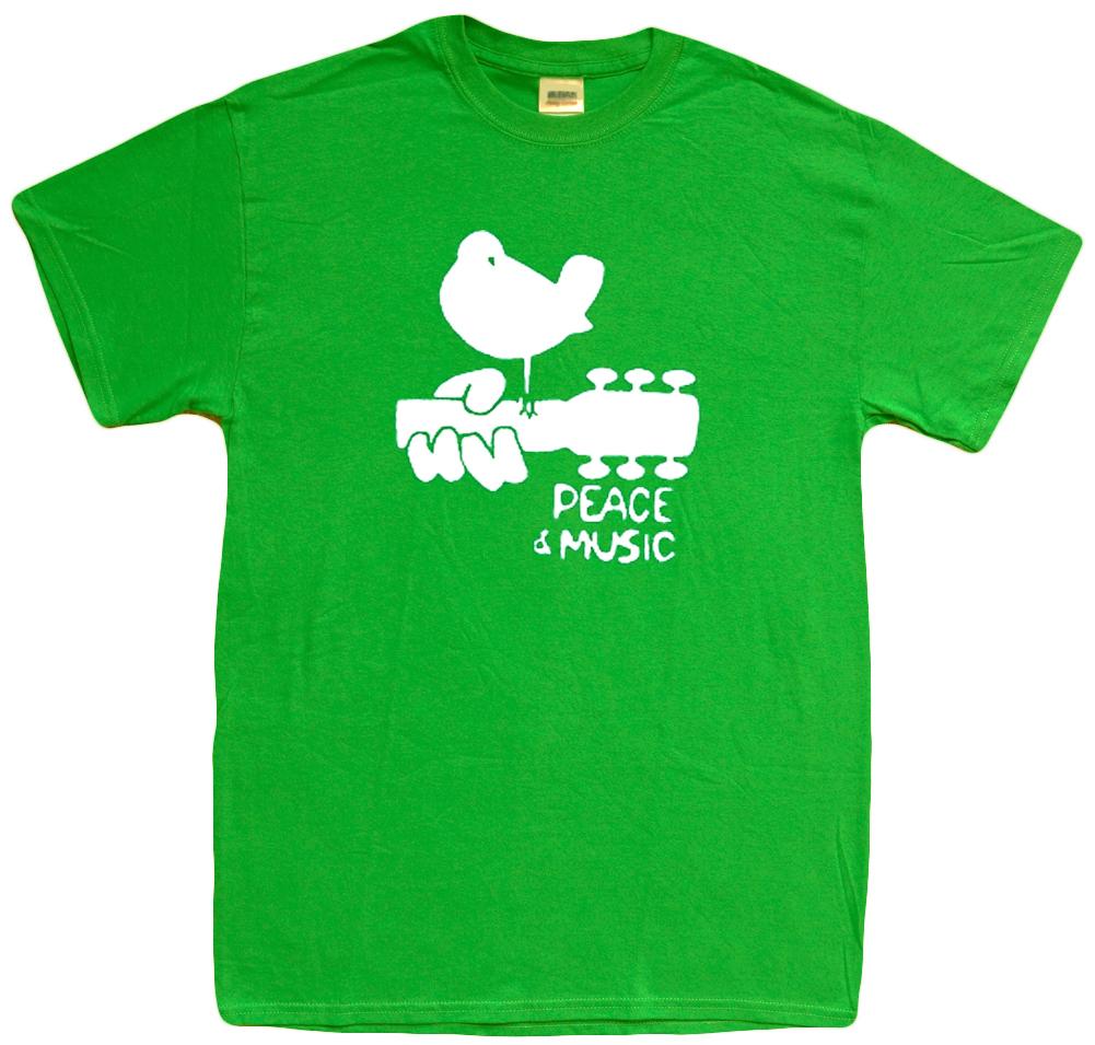 Woodstock t-shirt green white peace and music festival t-shirt guitar t-shirt L