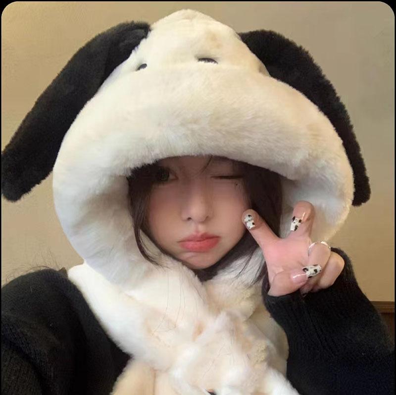 Women's Autumn/Winter Cute Puppy Ears Plush Hat and Scarf Set - Warm, Stylish, and Face-Slimming.