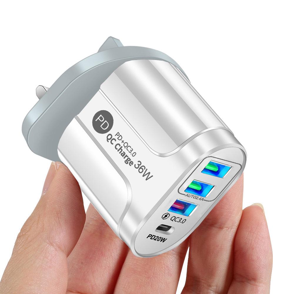 UKCA Certified 36W Fast Charger with PD+QC3.0, 2.4A, and 3 USB Ports for European/UK