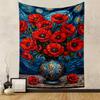Red Poppies In Ornate Vase with Starry Night Background Patterned Tapestry for Bedroom and Living Room Home Decor