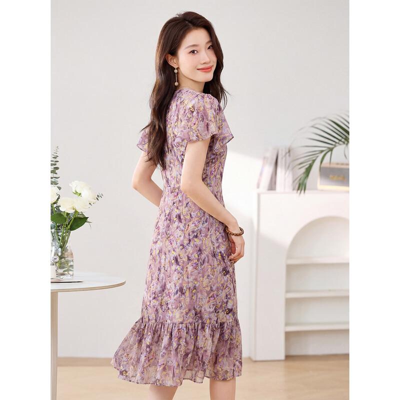 ORIGIN Elegant Floral V-Neck A-Line Midi Dress L