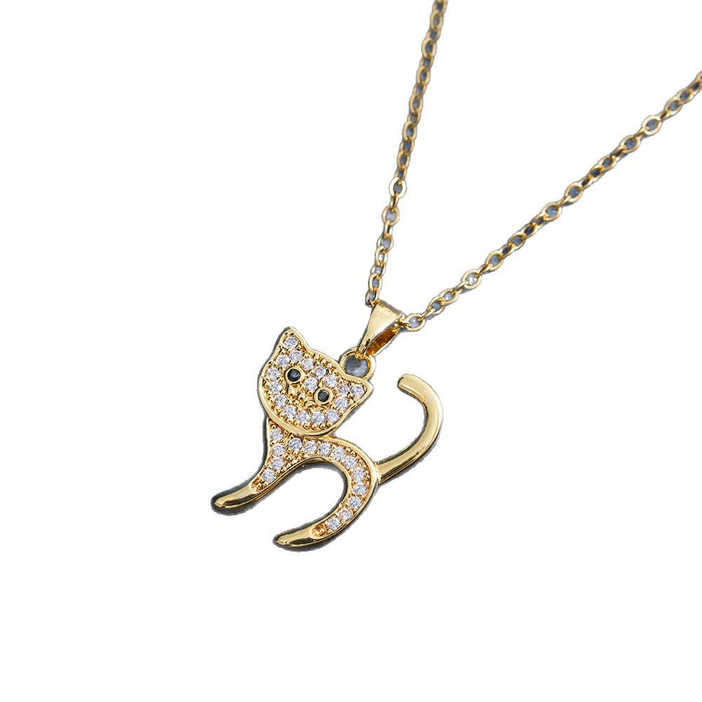 Cute Cat Light Luxury Full Diamond Titanium Steel Necklace for Women