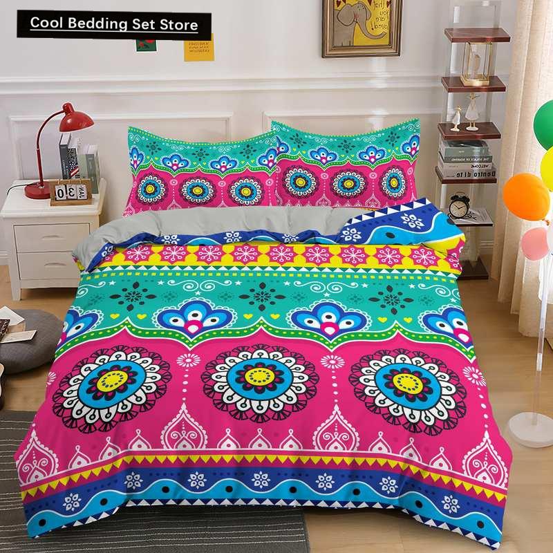 Indian Floral Style King Queen Duvet Cover Colorful Boho Mandala Bedding Set for Adults Geometric Exotic Polyester Quilt Cover