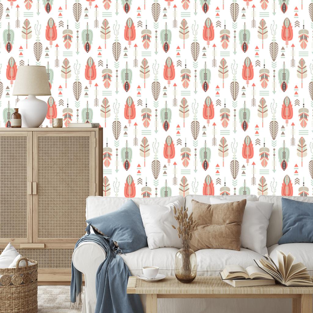 Ethnic Pattern Wallpaper Beige, Light Gray and Coral 50x1000
