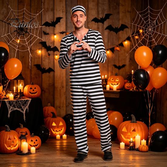 Prisoner Costume with Cuffs for Adult, Women Striped Mini Dress, Men Top Themed Party Costumes Pants, Halloween Dress-Up Jail Inmate Uniform
