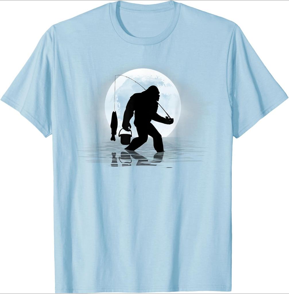 Bigfoot Fishing Funny Sasquatch and Fish Night Fishing design100 cotton Oneck short sleeve casual printed Unisexs Tshirt
