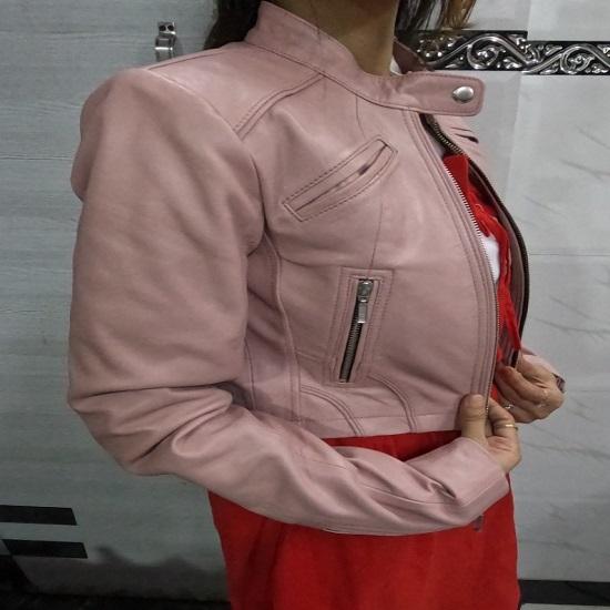 Noora Women's Lambskin Leather Cropped Jacket, Biker Crop Style Punk, Street, Club & Party wear Jacket BABYPINK