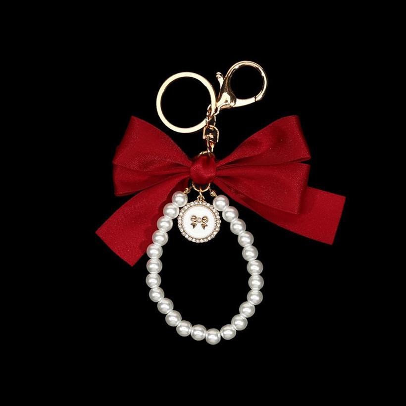 1PC Women Elegant Simulated Pearl Bow Wristlet Keychain Cute Aesthetic Bead Keychains Bag Charms for Handbags