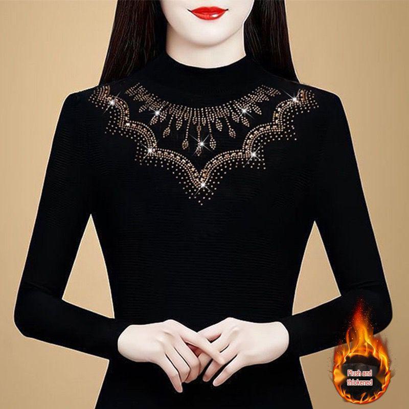 

Black Slim Fit Mesh Long Sleeve Shirt with Fleece Lining and Rhinestone Detail - Short Style, Half-High Collar for Spring and Autumn. L