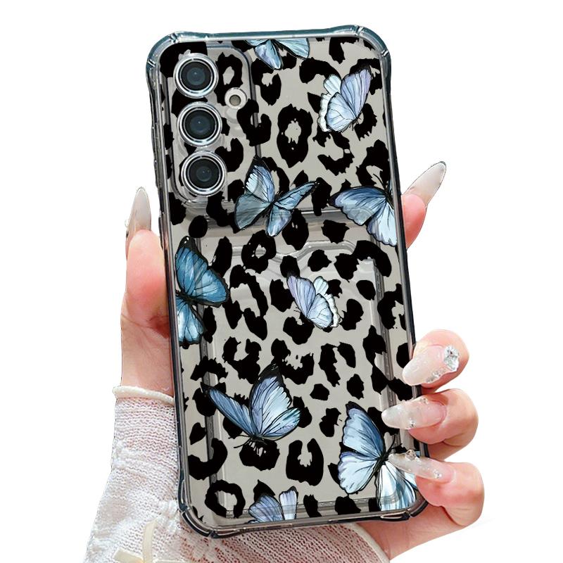 Leopard Butterfly Print Case For Samsung S26 S25 Ultra S24 Plus S23 S22 S21 FE A18 A54 A55 A16 A26 A36 A56 A17 A37 A57 5G Clear Card Slot Back Cover