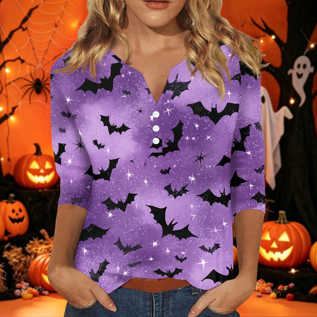 Women's Halloween Printed V-Neck Short Sleeve Tunic with Button and 3/4 Sleeves for Casual Fall Wear