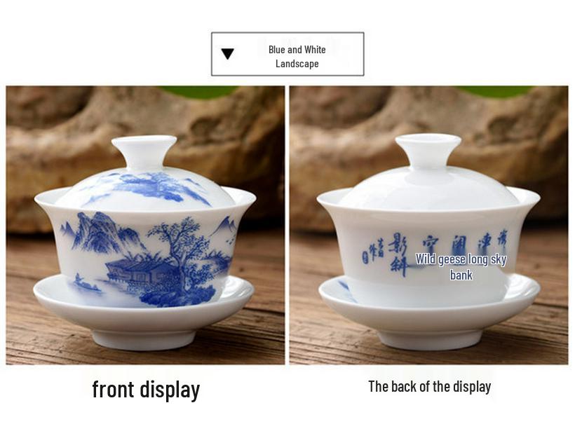 Blue and White Ceramic Gaiwan Tea Set: Small Tea Bowl & Tasting Cup with Concave Lid.
