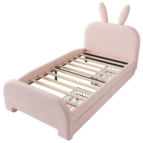 90x200cm Rabbit Shape Velvet Fabric Children Bed with Headboard 2 Drawers Ergonomic Design Strong Wood Slat Support Bed Home Furniture