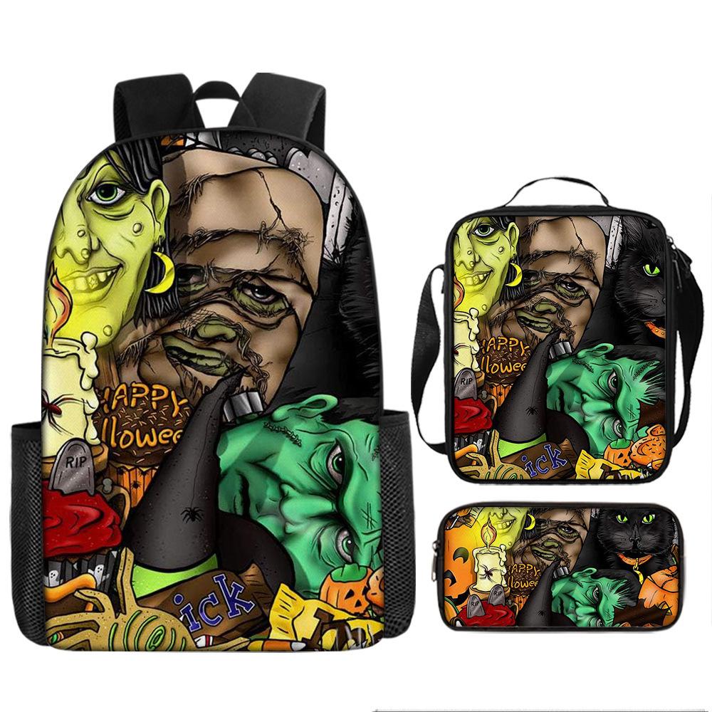 Halloween Backpack Pumpkin Ghost 3-Piece Set Schoolbag Kids Shoulder Bag Cute Bookbag for Boys Girls