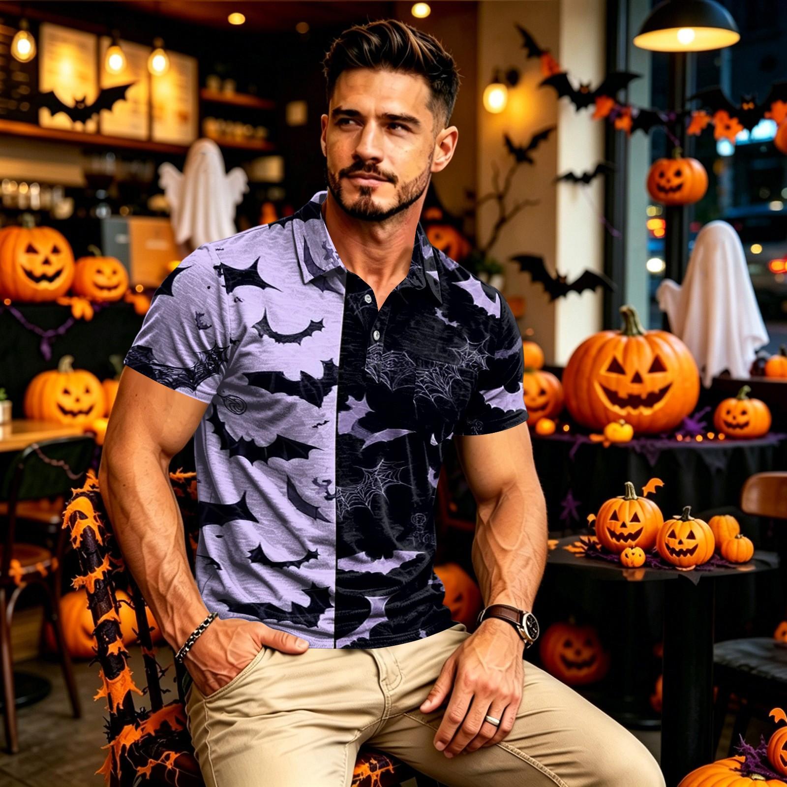Men s Casual Long Sleeve Quick-Dry Golf Shirt with Pocket Halloween Print L