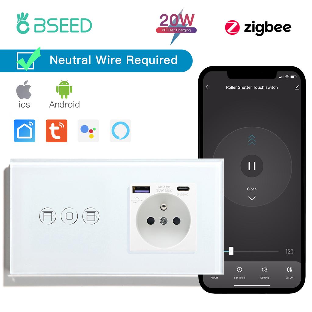 BSEED Zigbee Smart Roller Shutter Switches Light Blinds Switch Tuya Smart Life Plus French Wall Sockets USB Type-c Glass Panel