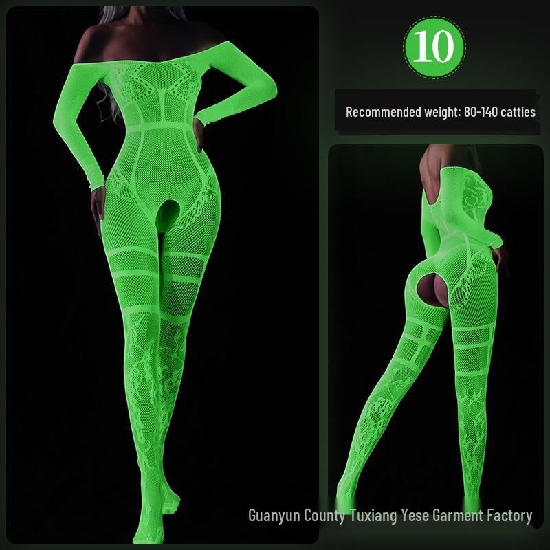 Linlinting Plus Size Glow-in-the-Dark Fishnet Bodystocking with Luminous Bandeau and Socks