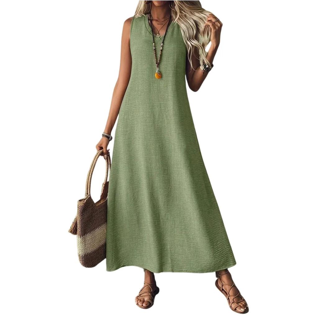 Summer Sleeveless Long V-Neck Elegant Dress Women's Fashion Ankle-Length Maxi Dress