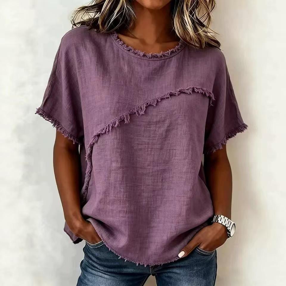 Women Round Neck Short Sleeve Linen Blend Blouse Raw Frayed Edge Splicing Fringe Boho Casual Summer Tops