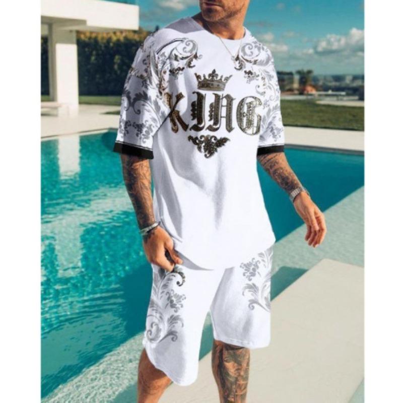 Summer Spliced Color Beach Style Men's Casual Fashionable Comfortable Loose Short Sleeved Two-piece Sport Wear