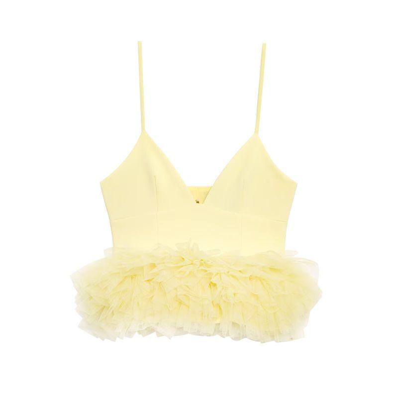 

Zbzr Spring New Women clothes Western Style Fashion Simple Puffy Hem Silk Mesh Stretch Top 4772005 Yellow XS