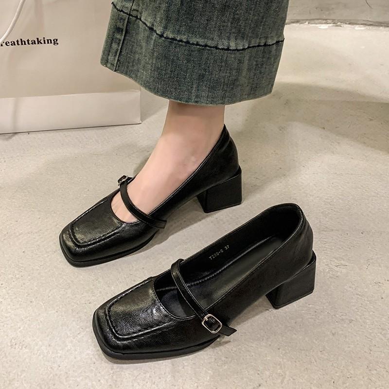 Soft leather retro square head light mouth high heel JK small leather shoes French leather thick heel Mary Jane single shoes women's shoes
