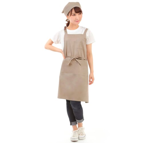 Smile Mode H-Shaped Apron and Scarf Set, Stylish, Solid Color with Pockets, Unisex, Simple Design, Wrinkle-Resistant, Beige, for Home, Cafe, and Nurse