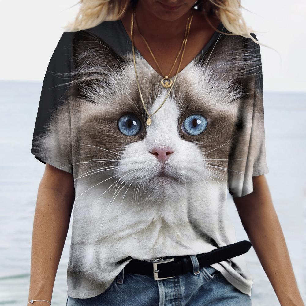 Mode Dier Kat 3D Print T-shirt Dames T-shirt V-hals Oversized Dames Tee Tops Zomer Streetwear Harajuku Y2k Kleding