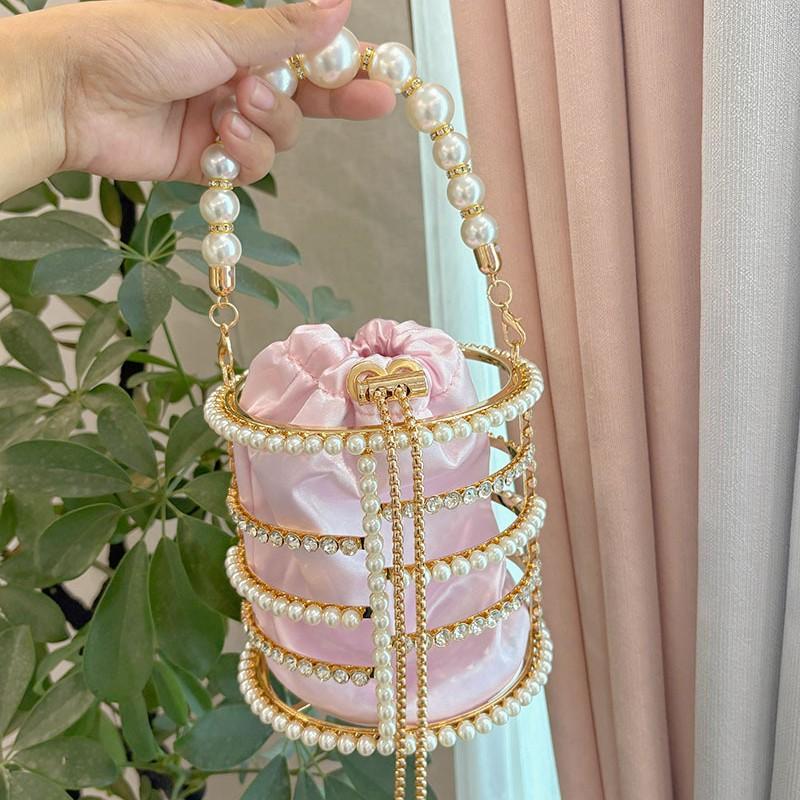 French Hollow Silk Satin Shiny Bleeding Water Diamond Vegetable Basket Banquet Pearl Bucket Clutch Messenger Bag