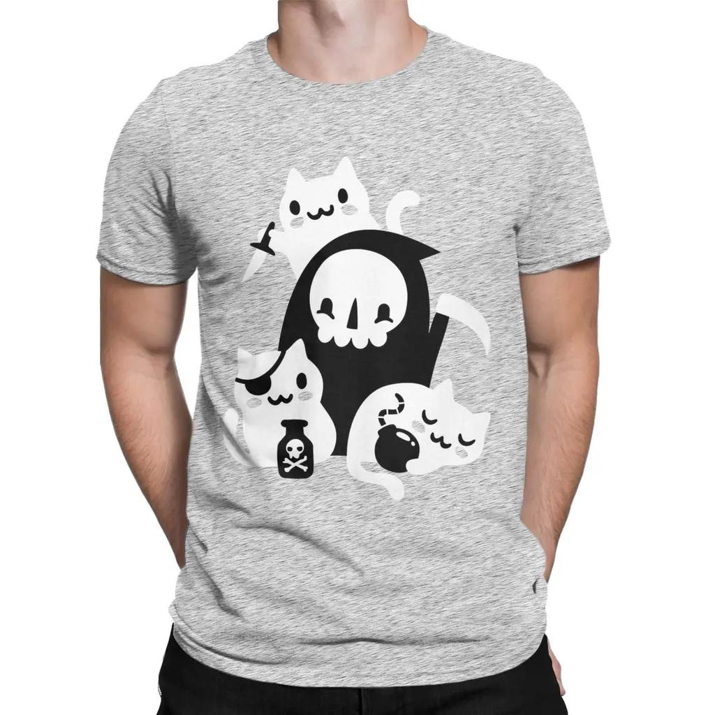 Death's Little Helpers Cat T Shirts Men Pure Cotton Casual T-Shirt Round Collar Halloween Cute Tees Short Sleeve Clothes