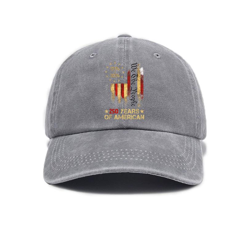 Washed retro distressed American 1776-2026 250th anniversary printed soft-top baseball cap серый