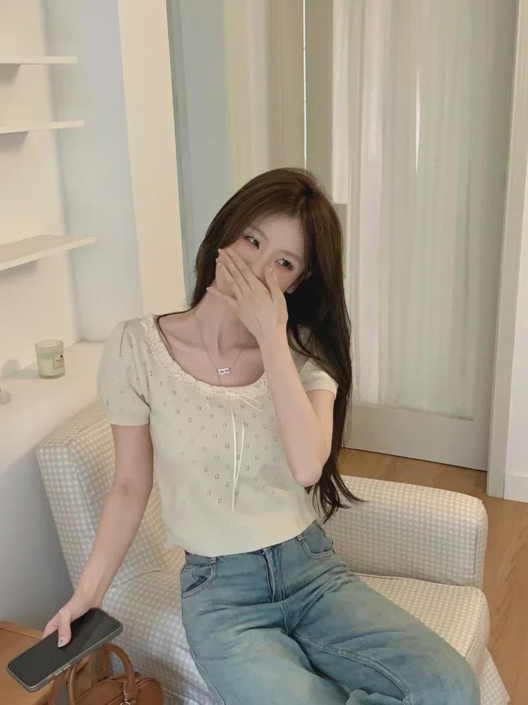 2024 Summer Lace Bow Knitted Short Sleeve T-Shirt - Women's Slim Fit Sweet Student Top