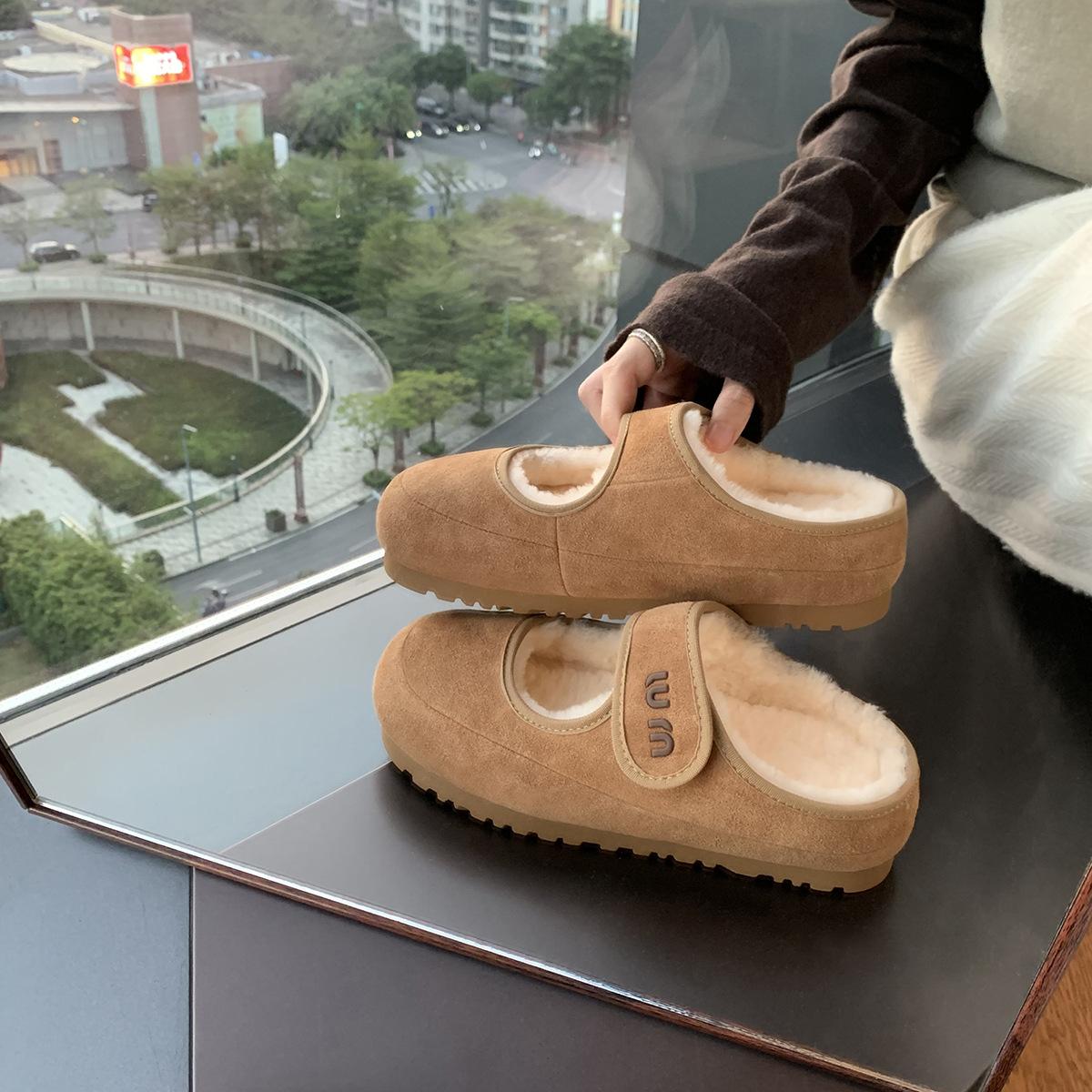 

Grape mother studiolee cute Velcro warm half drag ugly cute wool Mary Jane Mao Mao single shoes autumn and winter 35