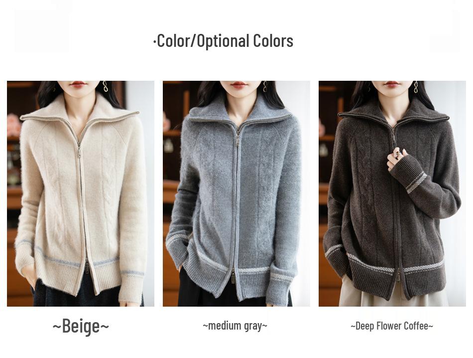 Women's High Neck Retro Cable Knit Cardigan Coat: Double Zipper, Color Block, Loose Fit, Raglan Sleeve, Thickened Knit for Autumn/Winter