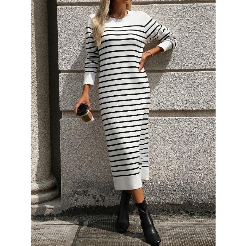 Slim Fit Women's Sweater Striped Long Skirt Dress
