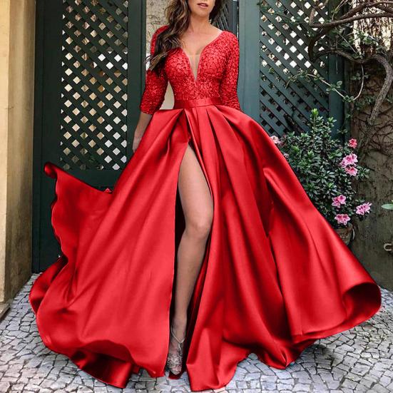 Sexy Deep V-Neck Maxi Dress for Women Sheer Lace Long Sleeve High Split Cocktail Party Dress Formal Evening Gown
