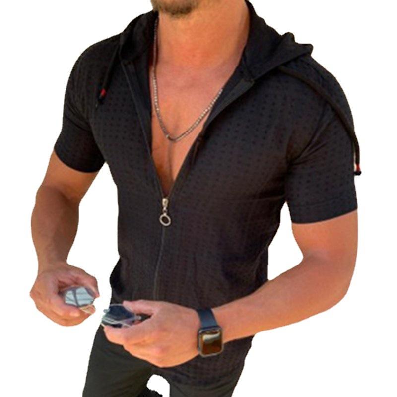 Camicia Estiva da Uomo con Cappuccio a Maniche Corte, Camicia Casual Monocolore con Zip, Top Leggero alla Moda