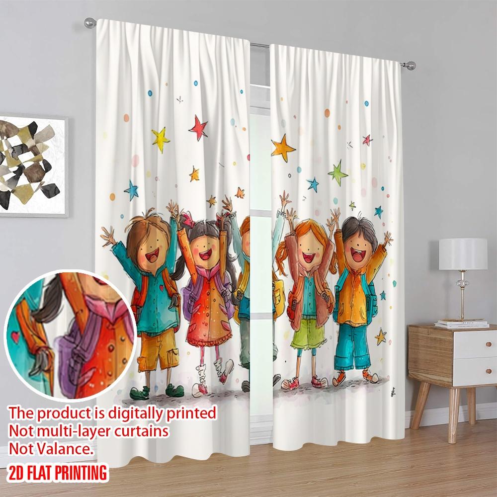 2pcs,2D Plane Printing Curtain Popular Happy Youngsters Back To School Versatile Durable Polyester (without Rod) Holiday for