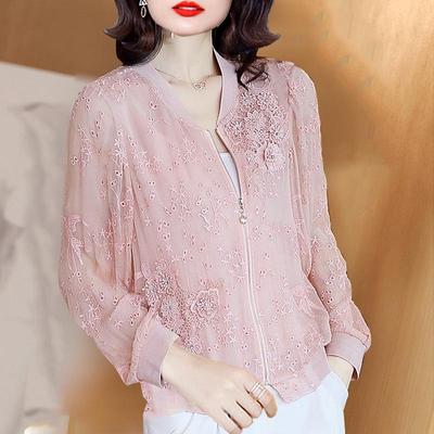 Women's 2022 Summer Embroidered Silk Baseball Jacket - Thin Style, Long Sleeve, Loose Fit