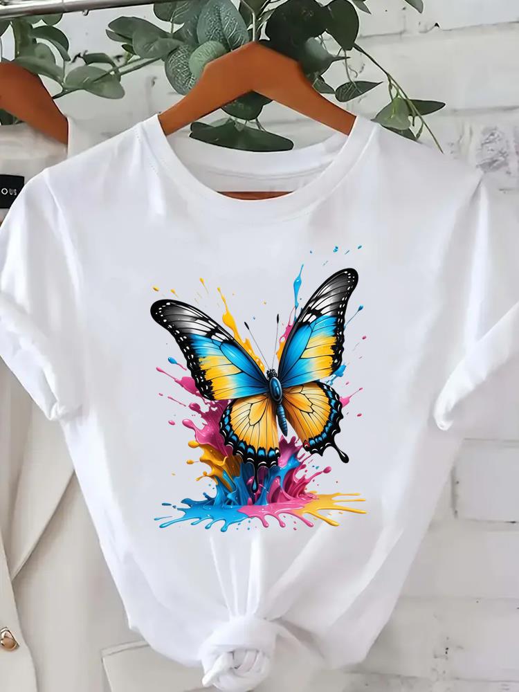 (Asian Size) Tee Clothing Lady Female Top Watercolor Butterfly Printed Women Casual T Shirt Fashion Graphic Short Sleeve T-shirts