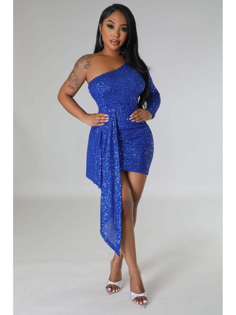 One-Shoulder Long Sleeve Sequined Bodycon Party Dress for Women