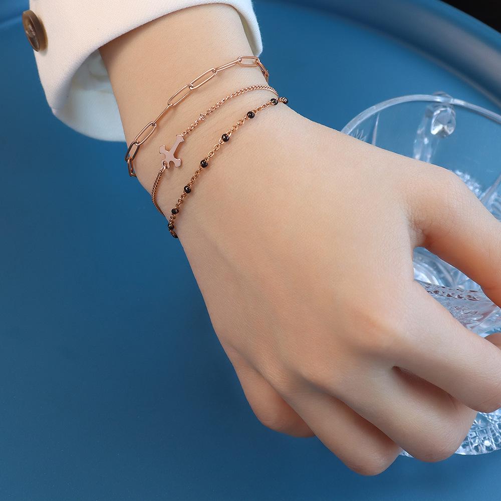 European-Inspired Light Luxury 18K Gold Cross Bracelet - Three-Layer Titanium Steel Design for Best Friends