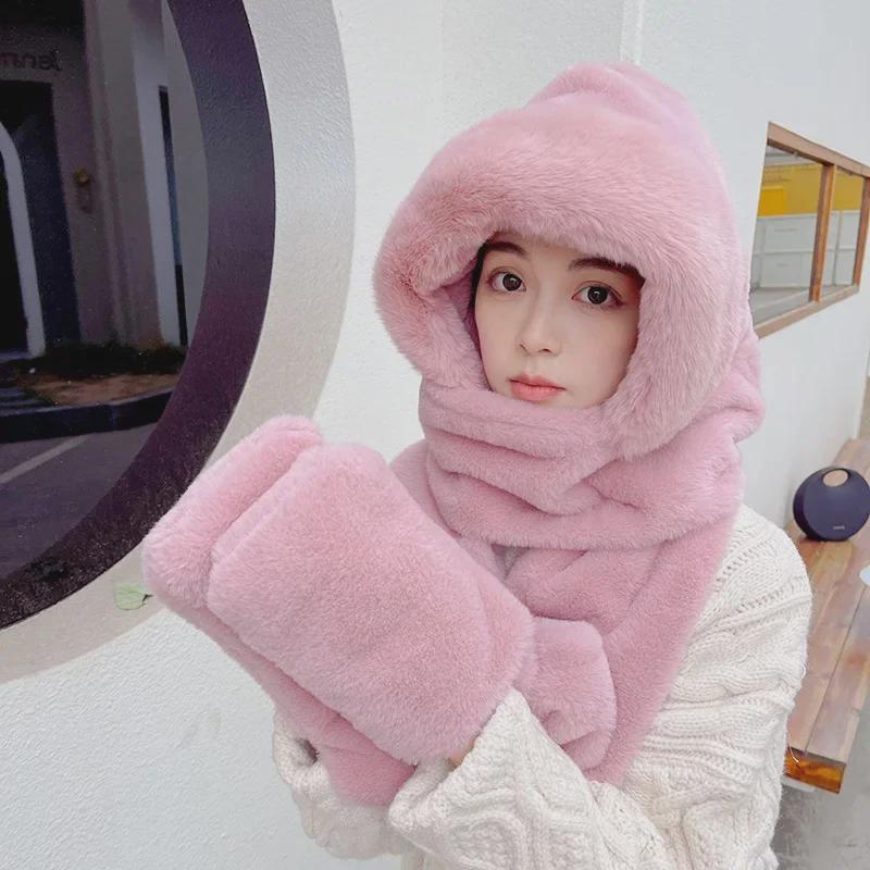 Damen Wintermütze und Schal Set – Dickes Plüsch, Kältefeste Fahrradmütze mit Schal und Handschuhen